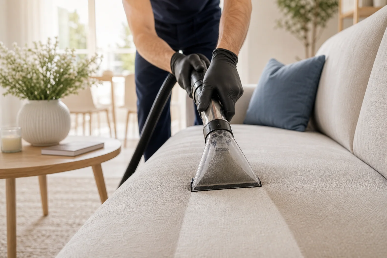 Detail extrakční hubice při čištění světlého čalounění